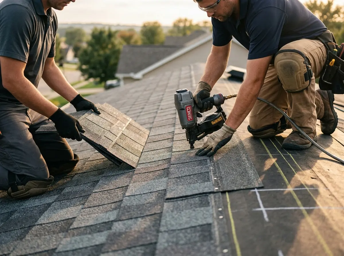 Professional roofer working on a residential roof in Cloverleaf